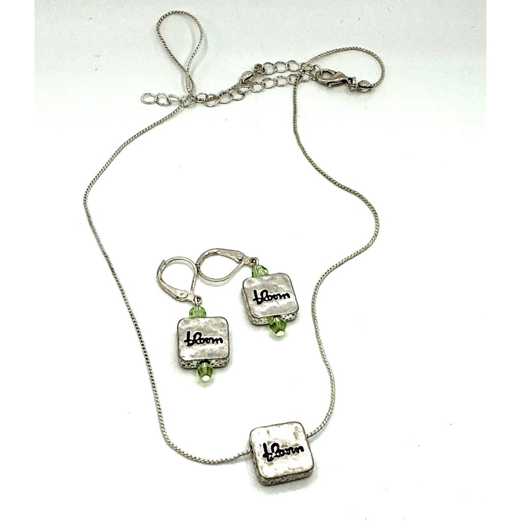 Bloom Necklace And Earring Set Silver-Tone With Green Accents Floral Design Adju